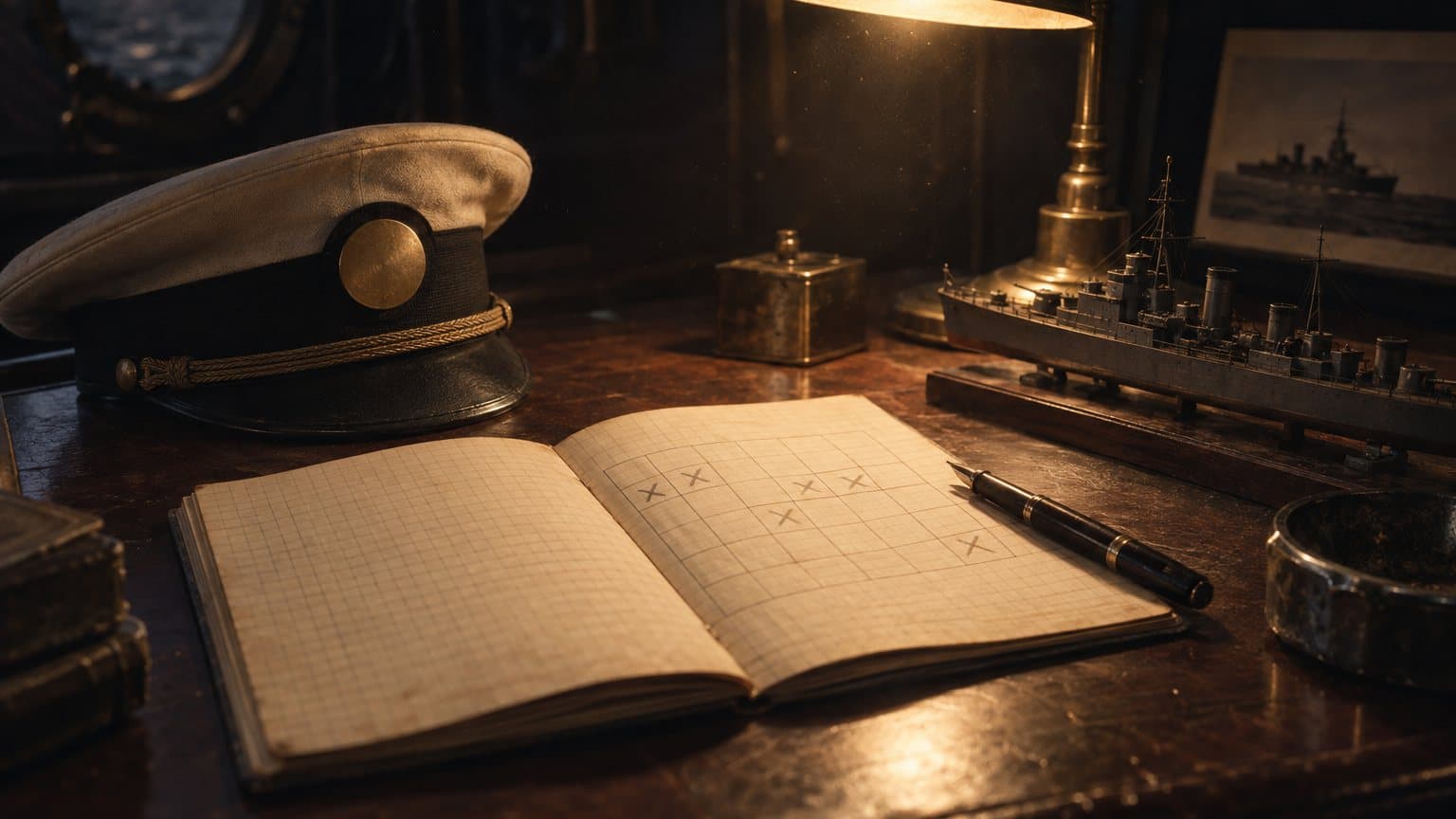 A lamp-lit vintage desk with a squared notebook of pencil crosses, a fountain pen, a naval officer's cap and a model warship