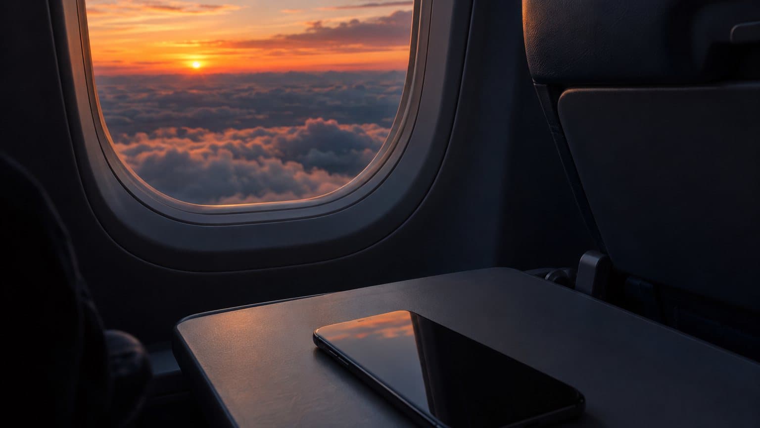 An airplane window seat at sunset above the clouds, with an iPhone lying on the tray table