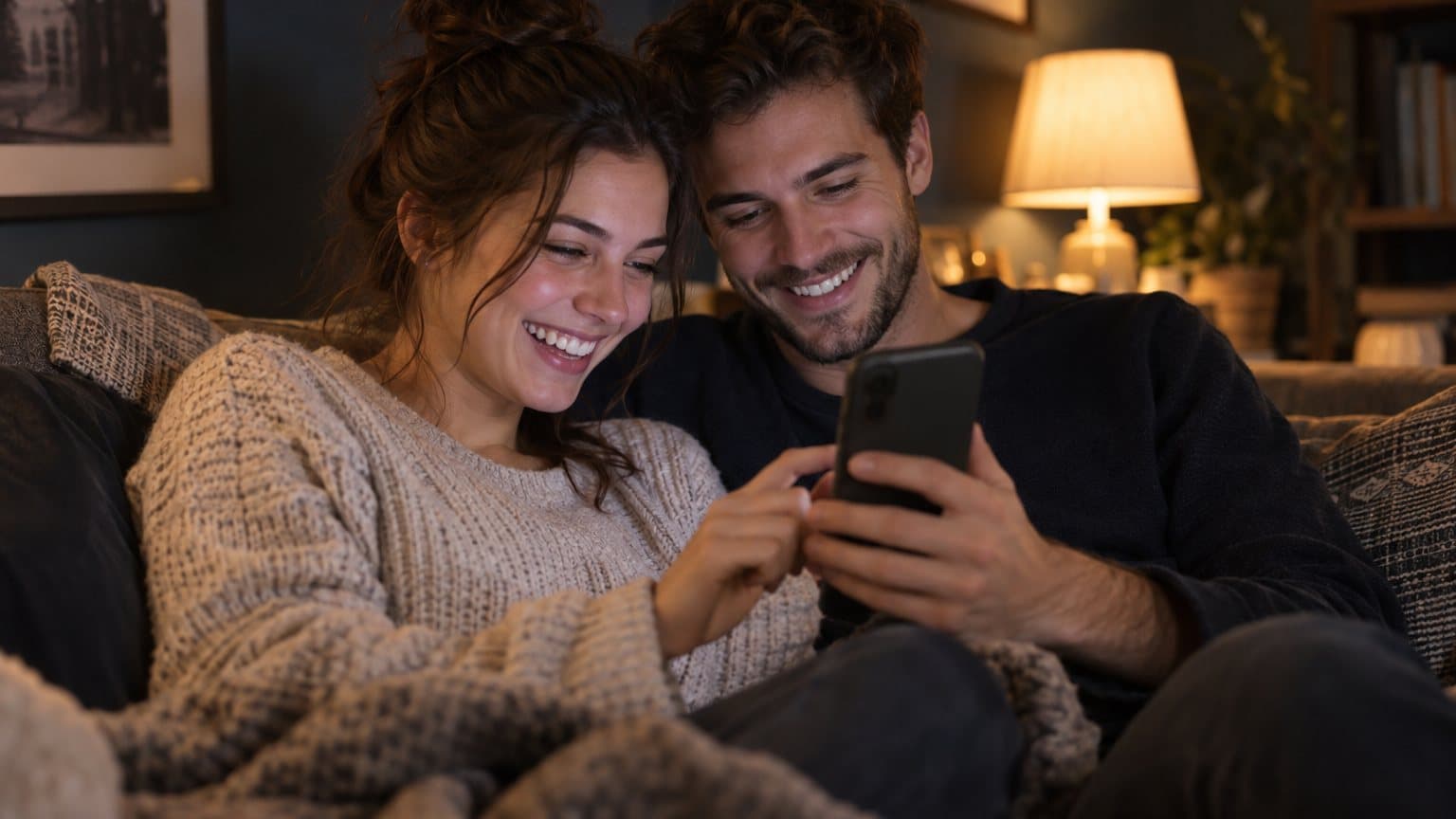 A smiling couple under a knit blanket on a sofa, sharing one phone on a cozy evening at home