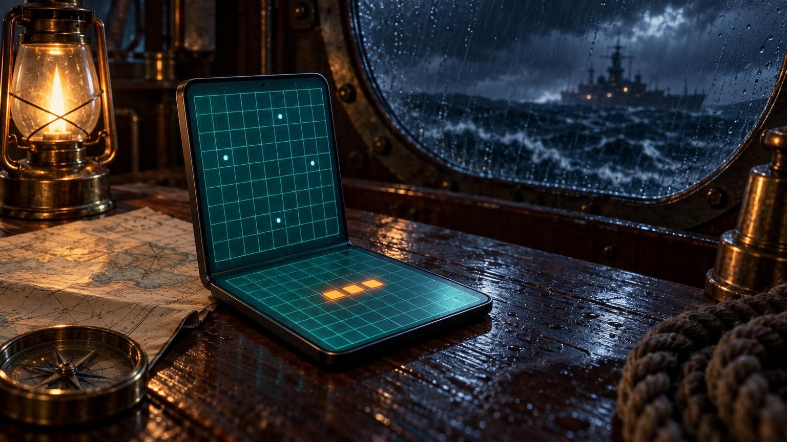 A generic folding screen stands half open on a wet chart table in a ship's cabin at night, a teal sea grid on the upright half and amber hit squares on the flat half, with a brass lamp and a stormy sea through the porthole