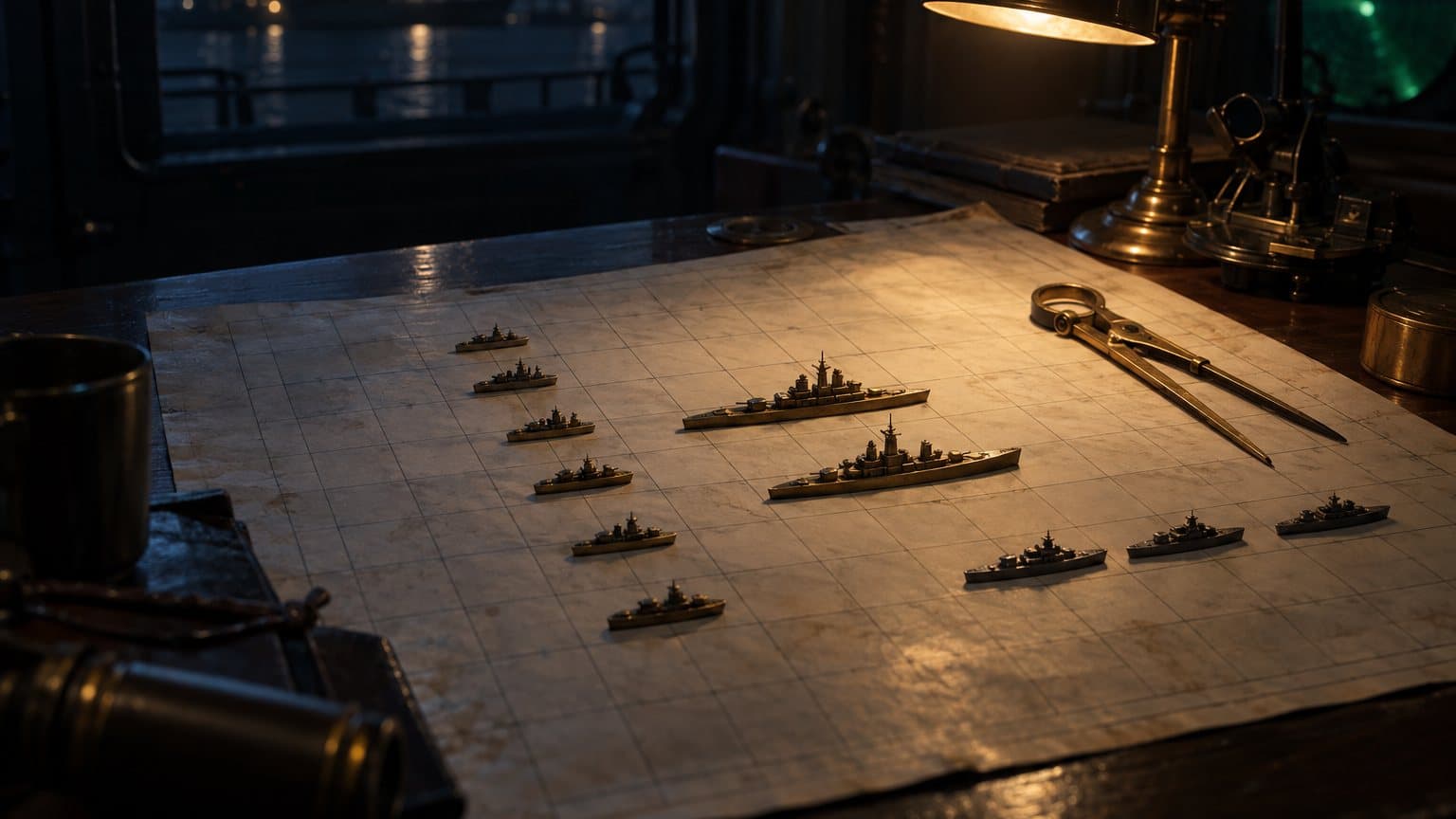 Small metal warship miniatures lined up on a squared chart beside brass dividers, on a lamp-lit naval chart table at night