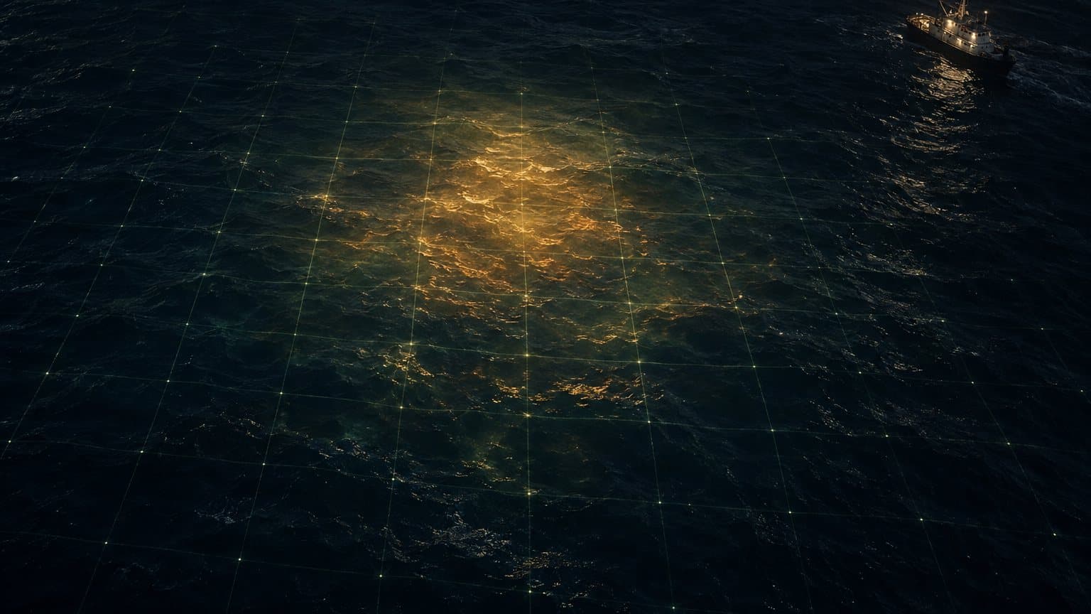 Aerial night view of a dark ocean crossed by a faint grid of light, with a warm glow concentrated in the middle like a probability heatmap