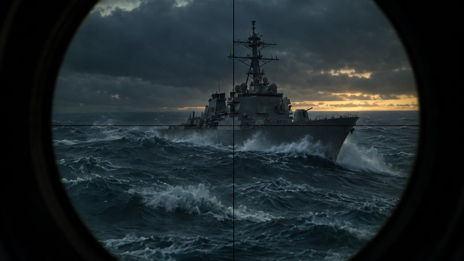 View through a periscope crosshair of a grey destroyer pushing through stormy seas at dusk