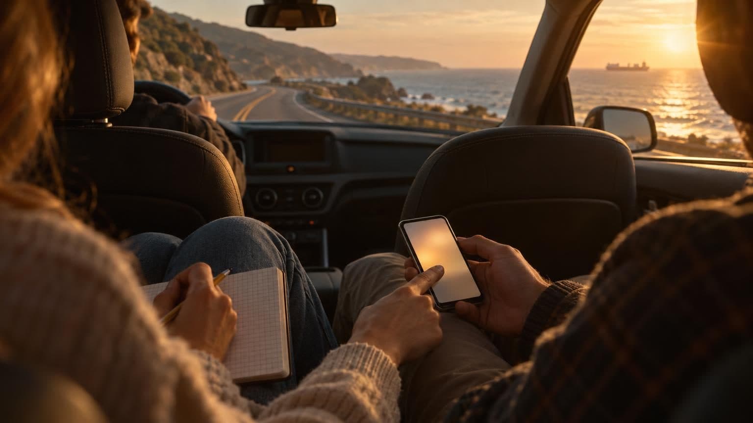 Two passengers in the back seat of a car on a coastal highway at sunset, one holding a squared notebook and pencil, the other a phone, with the ocean and a distant ship beyond the windshield