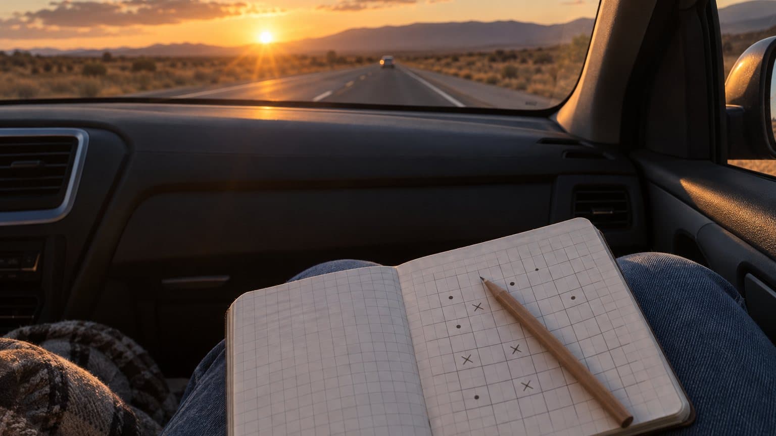 An open squared notebook with pencil crosses and dots from a sea battle game, resting on a passenger's knees on a sunset road trip