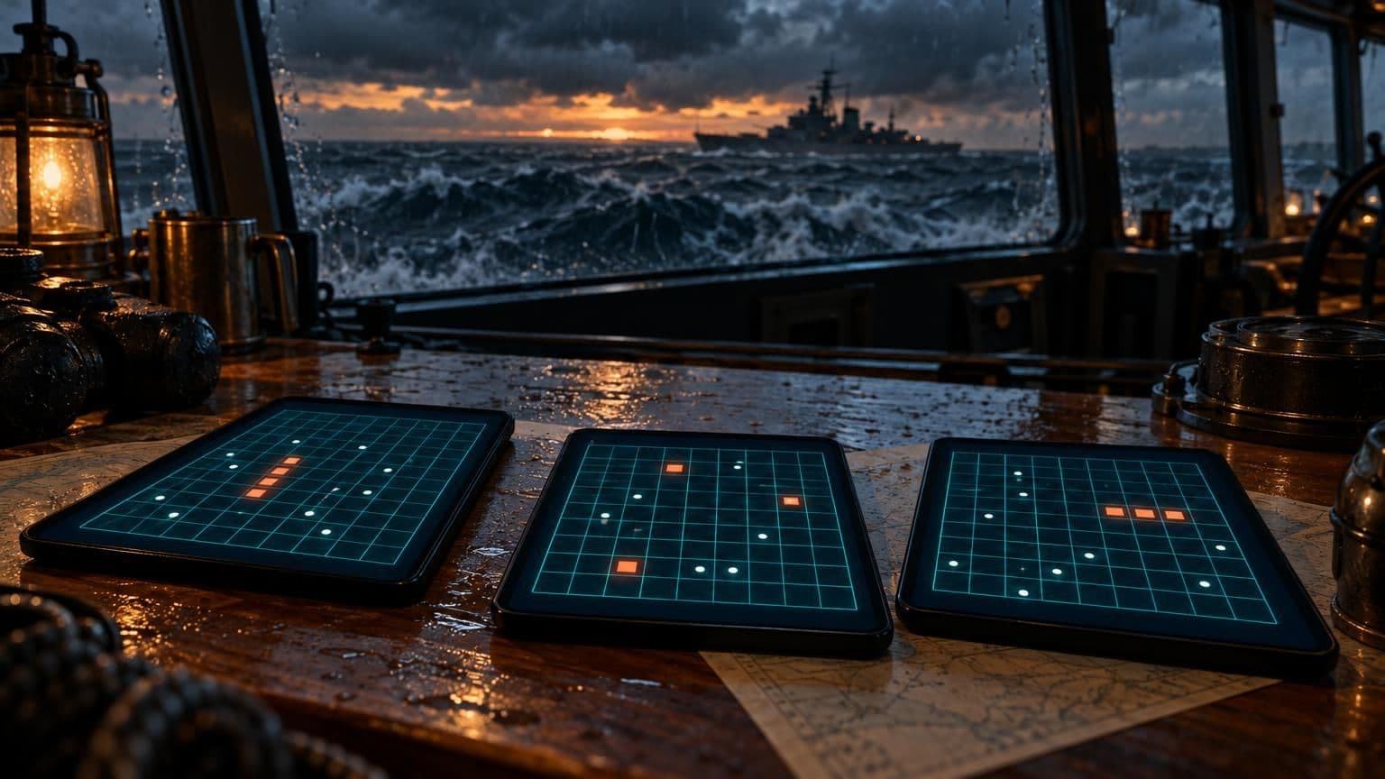 Three touchscreens showing glowing sea battle grids with hits and misses on a wet chart table, with a storm sea and a distant warship beyond the bridge windows