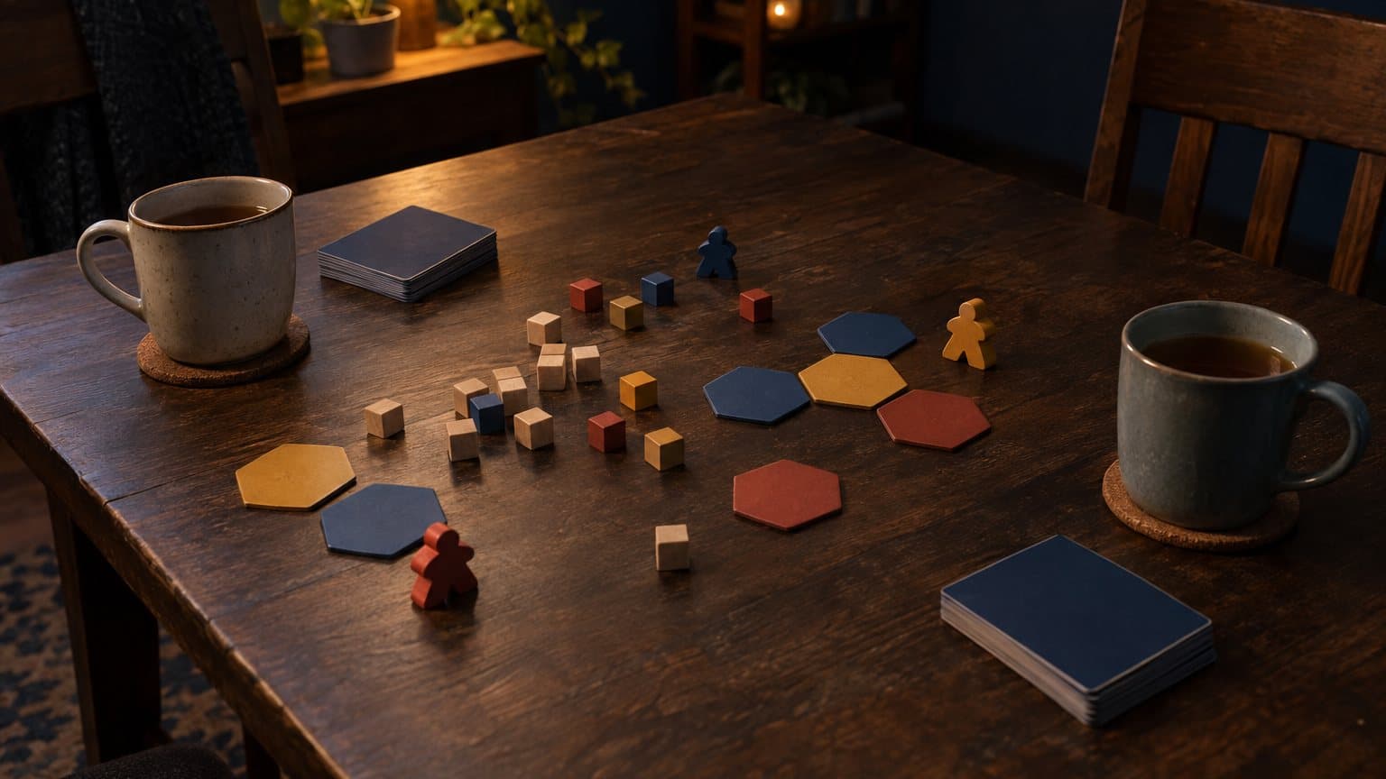 A wooden table set for two players with plain wooden cubes, meeples, colored hex tiles, two card stacks and two mugs of tea