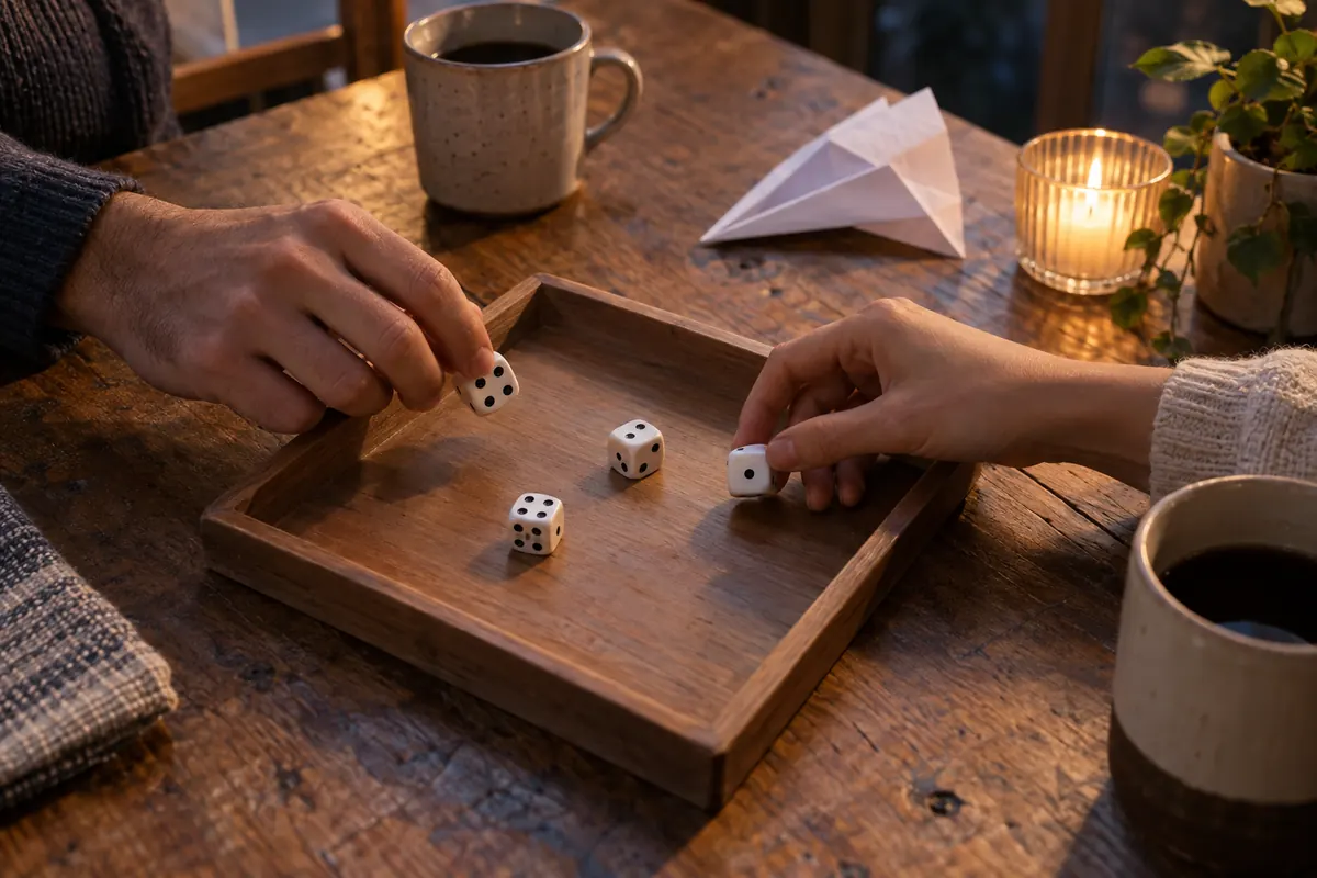 Illustration of two players placing white dice into a plain wooden tray together, with a paper airplane and mugs on the table