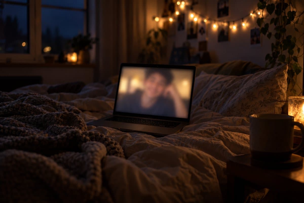 An open laptop on a bed in a dim bedroom with fairy lights, showing a blurred video call with a partner far away