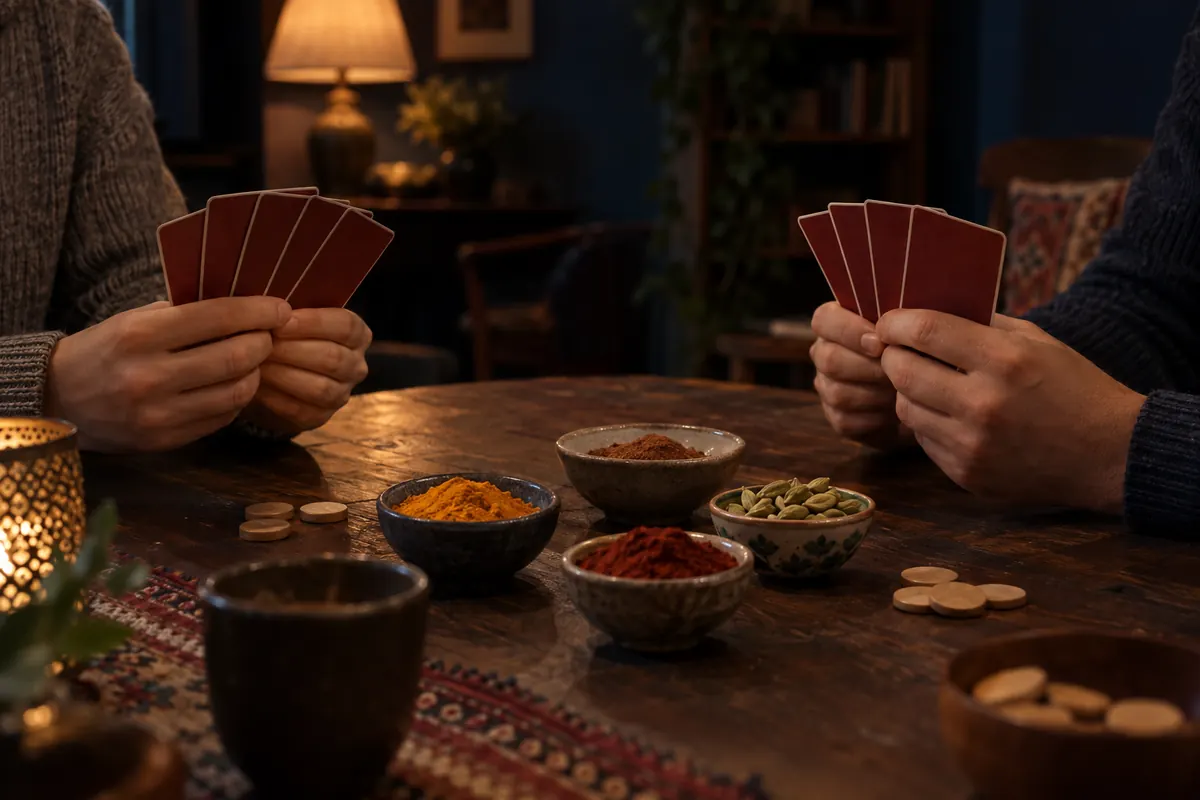 Illustration of two players at a lamp-lit table holding fans of plain red-backed cards, with bowls of colorful spices and wooden tokens between them
