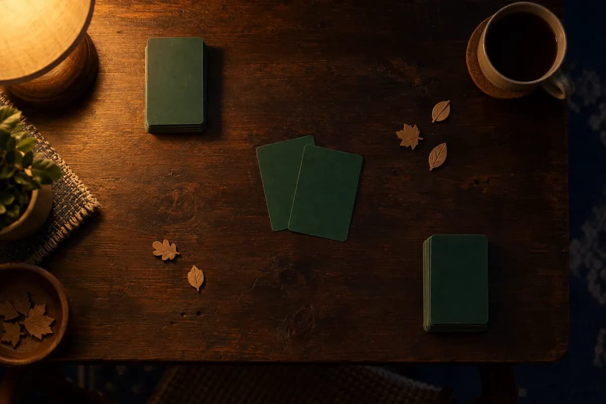 Illustration seen from above of two face-down stacks of plain green cards, two cards in the middle and small wooden leaf tokens on a dark table