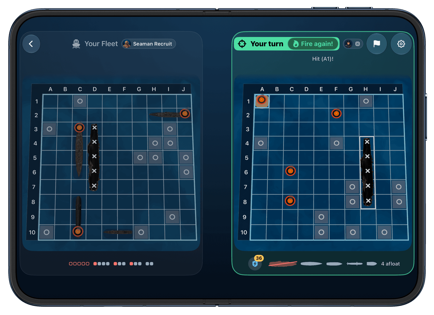 iPhone Duo opened flat like a book with Torpedo: your fleet on the left page, the enemy waters on the right