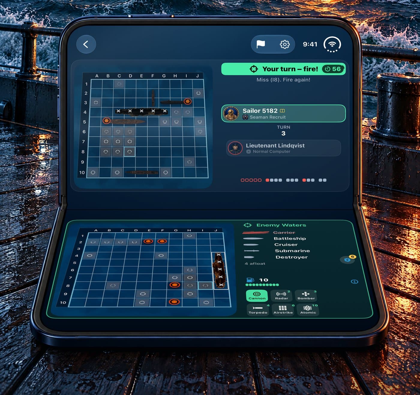 iPhone Duo standing half open with Torpedo: your fleet and the turn banner on the upright half, the enemy grid and weapons on the flat half