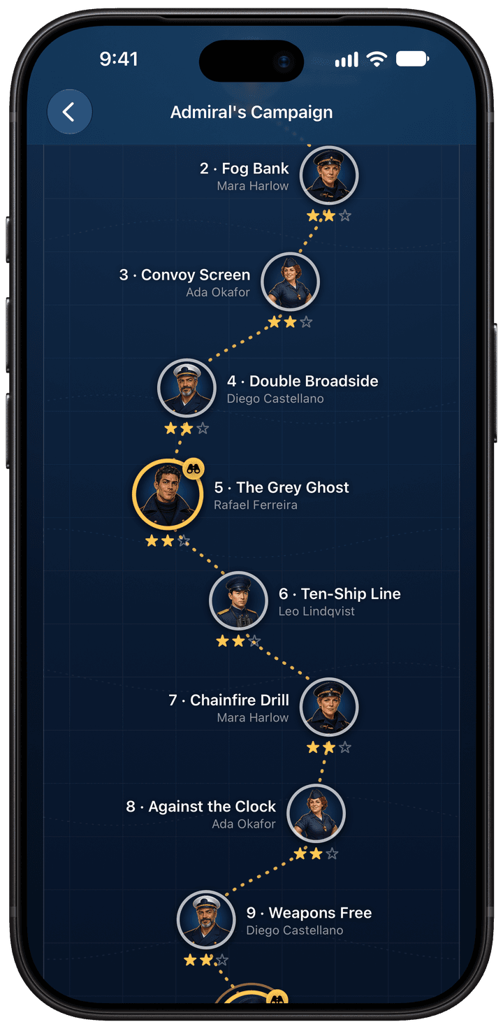 Torpedo on iPhone: the Admiral's Campaign map with star-rated missions