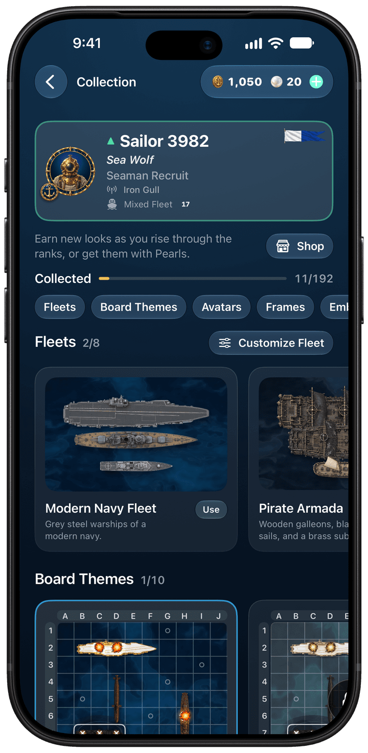Sammlung in Torpedo mit Flotten und Spielfeld-Designs