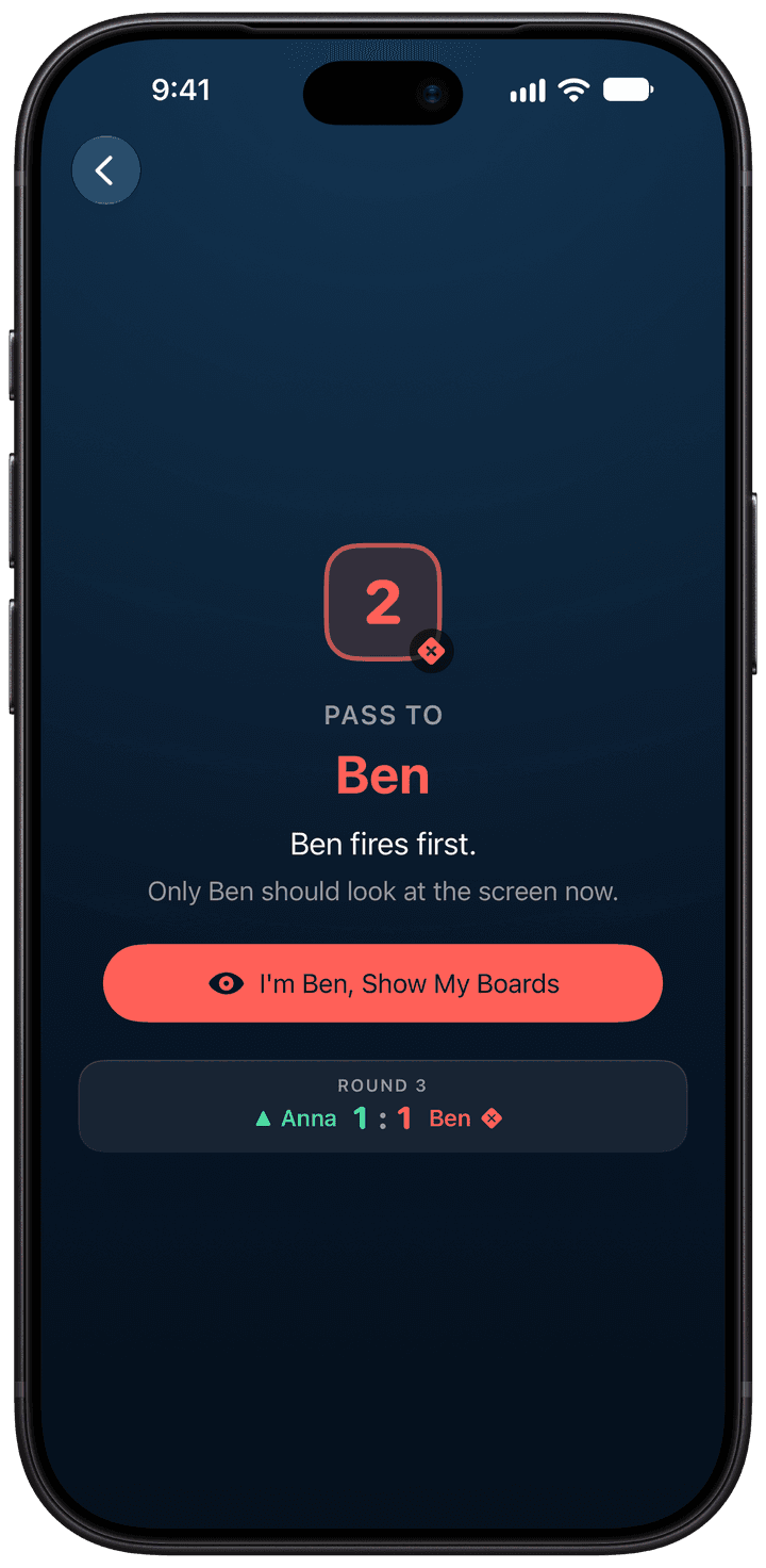 Torpedo handoff screen telling player 2 to take the phone