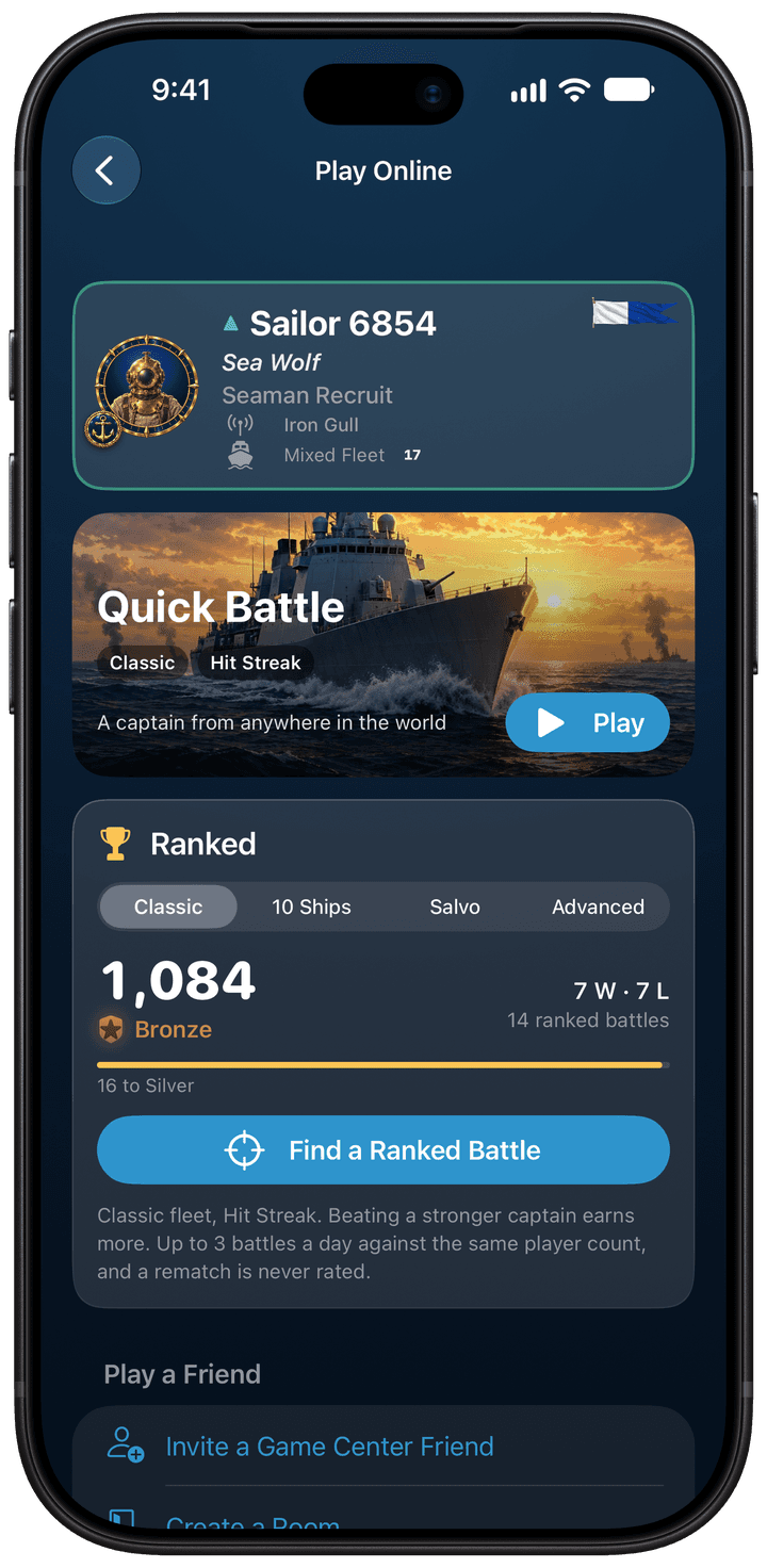 Torpedo Play Online screen with quick battle, ranked rating and friend invites