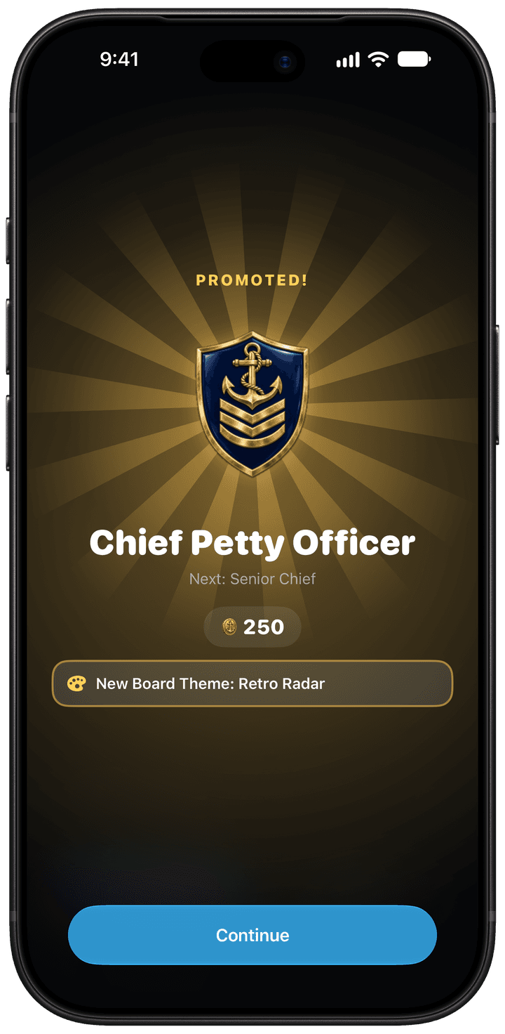 Torpedo promotion screen: promoted to Chief Petty Officer
