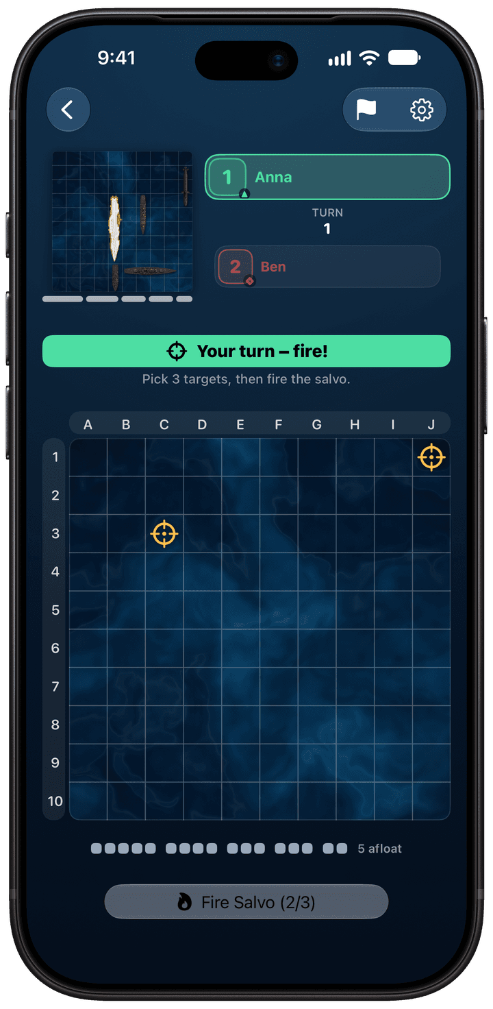 A two-player Salvo round in Torpedo: pick three targets, then fire