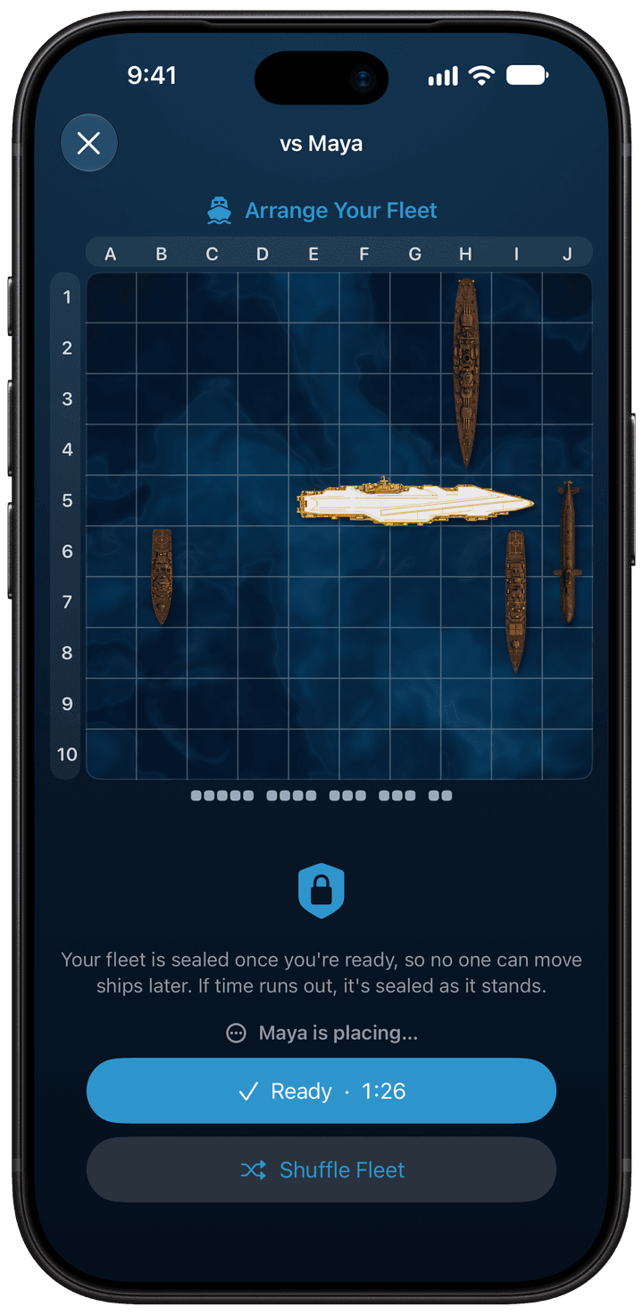 Placing a fleet online in Torpedo: your fleet is sealed once you are ready