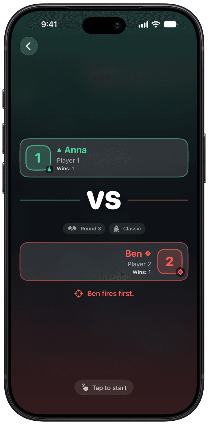 Torpedo on iPhone: Anna versus Ben, the two-player screen before a battle on one phone