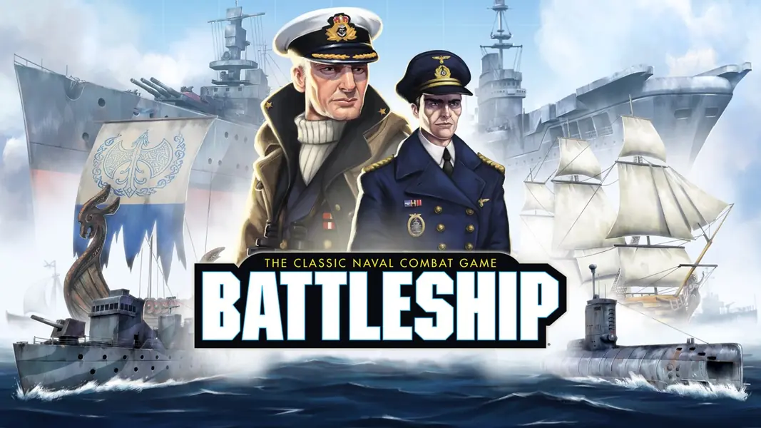 The official BATTLESHIP app title screen with two naval officers