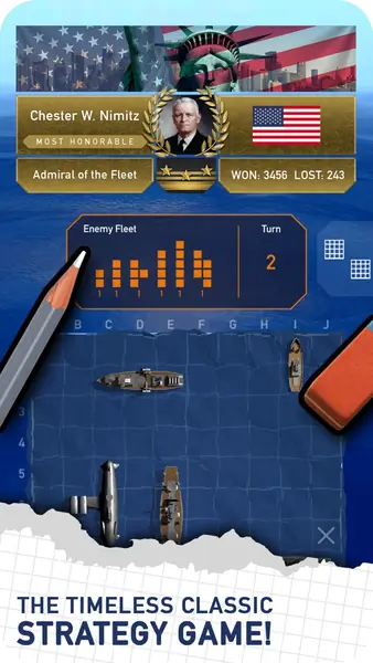 Fleet Battle's battle screen with an admiral profile and the enemy fleet grid