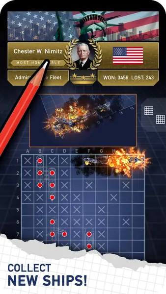 Fleet Battle grid with burning ships after several hits