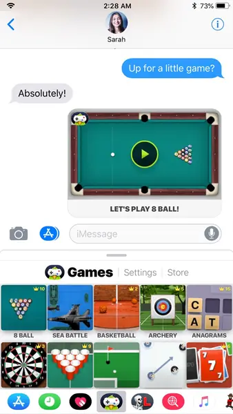 GamePigeon's game drawer in Messages, with Sea Battle among the games