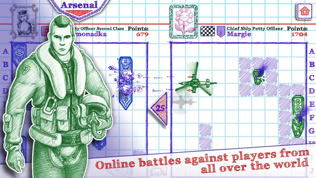 Sea Battle 2 online battle on hand-drawn squared paper with planes over the grid