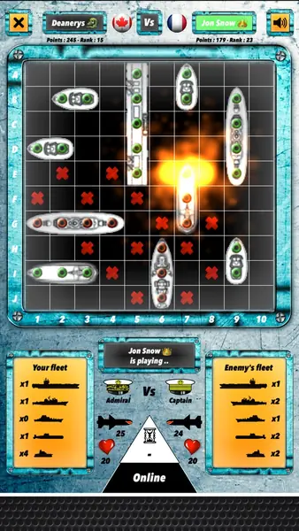 Sea Battle Board Game online match with ships on a metal grid and both fleets listed
