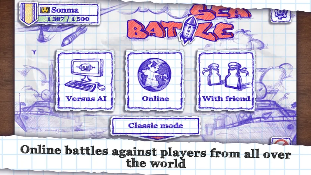 Sea Battle Online menu drawn on notebook paper: Versus AI, Online, With friend
