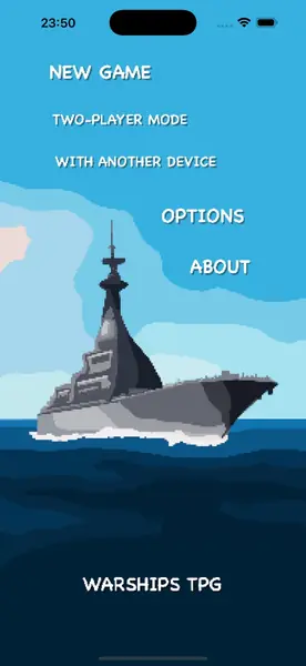 Warships TPG main menu with New Game, Two-Player Mode and nearby play