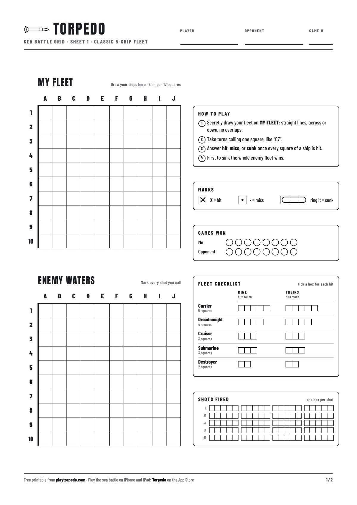 Preview of the free printable sea battle grid: My Fleet and Enemy Waters grids with a fleet checklist
